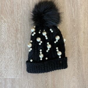 Black Knit Beanie with Faux Pearls